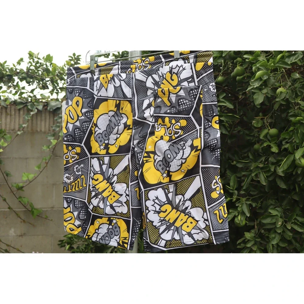 Oh Snap by drill clothing Co Mens Comic Pop Art Board Shorts Yellow Grey XL NWT